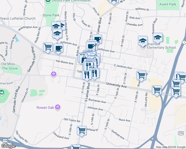 map of restaurants, bars, coffee shops, grocery stores, and more near 401 South Lamar Boulevard in Oxford