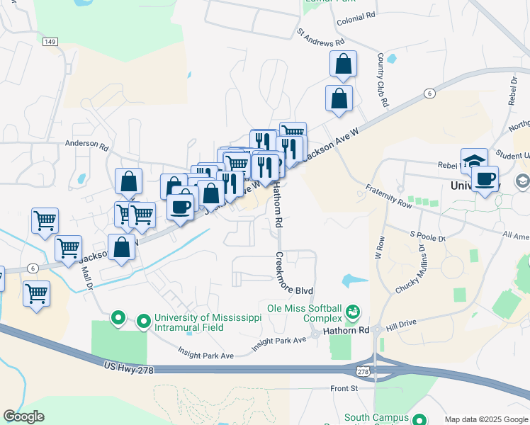 map of restaurants, bars, coffee shops, grocery stores, and more near 103 Hillard Drive in Oxford
