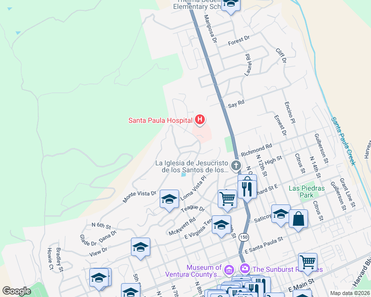 map of restaurants, bars, coffee shops, grocery stores, and more near 964 Vista Pointe Place in Santa Paula
