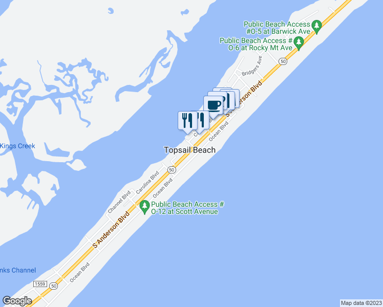 map of restaurants, bars, coffee shops, grocery stores, and more near 906 Ocean Boulevard in Holly Ridge