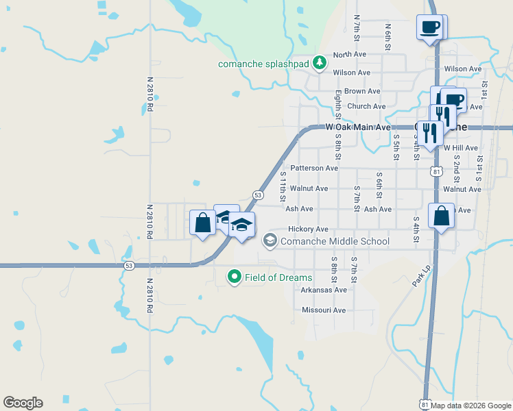 map of restaurants, bars, coffee shops, grocery stores, and more near 1030 Ash Avenue in Comanche
