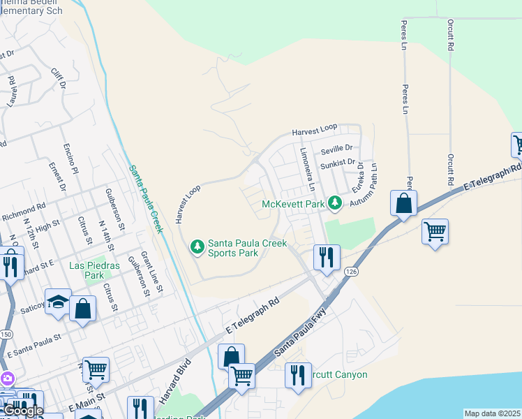 map of restaurants, bars, coffee shops, grocery stores, and more near 1865 Jojoba Drive in Santa Paula