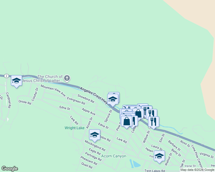 map of restaurants, bars, coffee shops, grocery stores, and more near 1145 Rivera Drive in Wrightwood