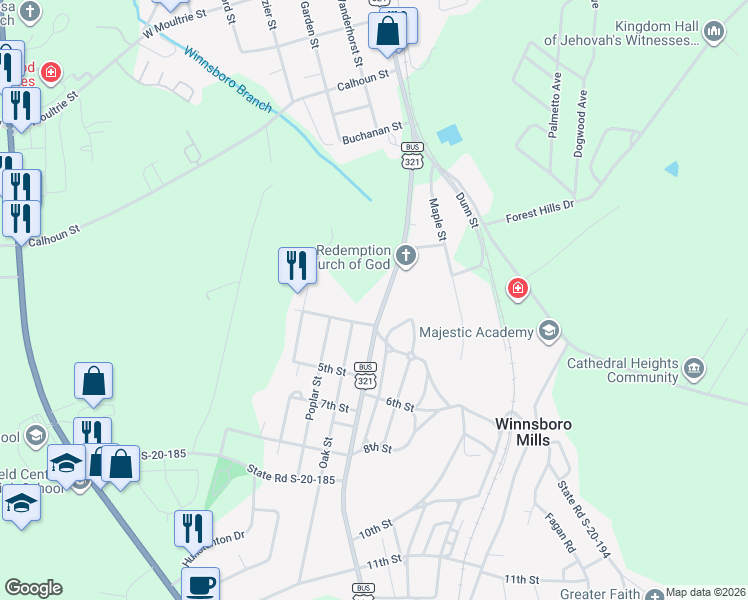 map of restaurants, bars, coffee shops, grocery stores, and more near 186 Columbia Road in Winnsboro