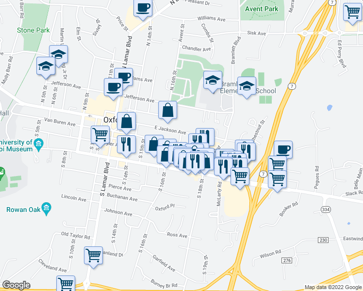 map of restaurants, bars, coffee shops, grocery stores, and more near 104 Tanglewood Drive in Oxford