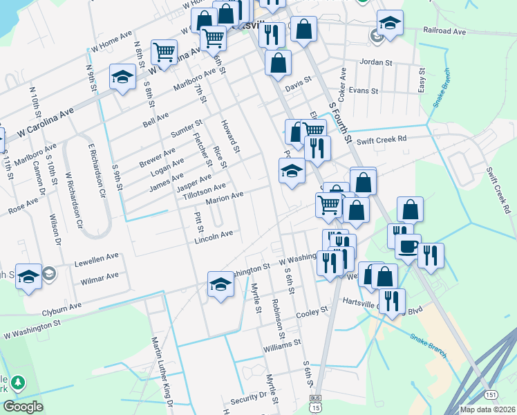 map of restaurants, bars, coffee shops, grocery stores, and more near 711 Hudson Street in Hartsville