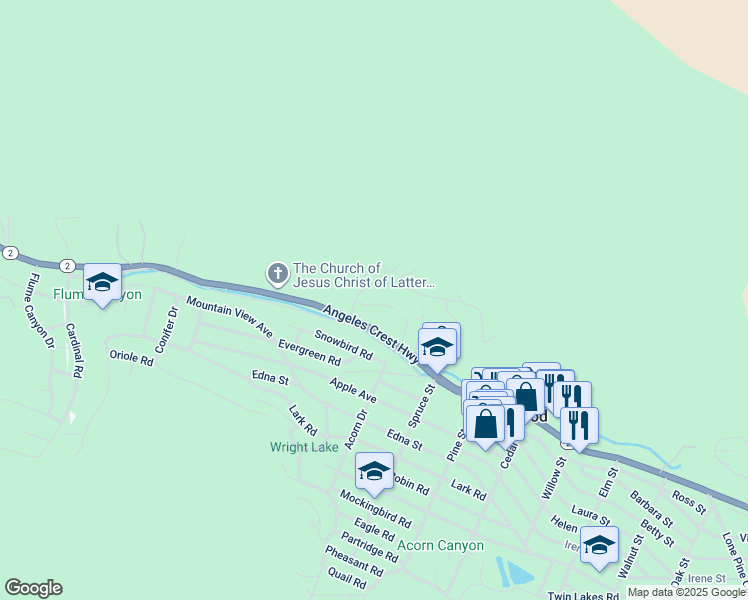map of restaurants, bars, coffee shops, grocery stores, and more near 1044 Yellowstone Drive in Wrightwood