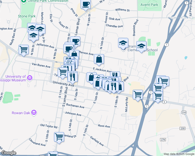 map of restaurants, bars, coffee shops, grocery stores, and more near 209 South 16th Street in Oxford