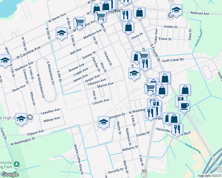 map of restaurants, bars, coffee shops, grocery stores, and more near 709 Butler Street in Hartsville