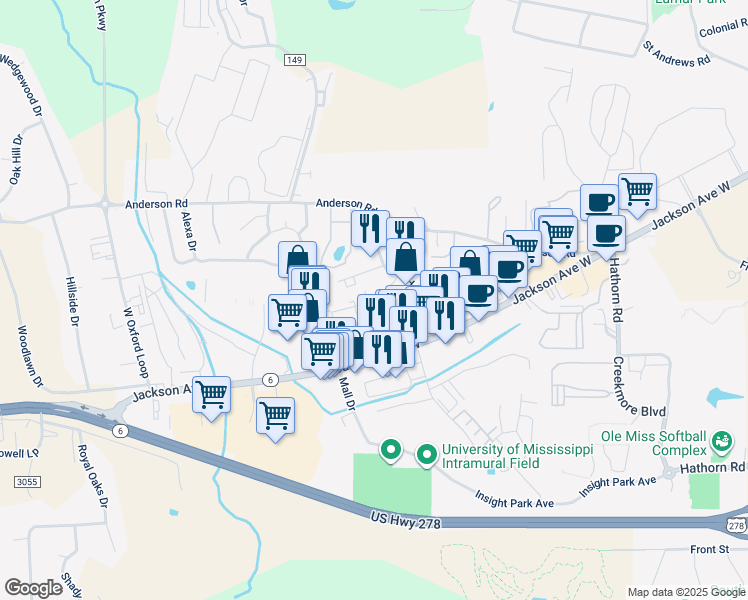 map of restaurants, bars, coffee shops, grocery stores, and more near 2000 Lexington Pointe Drive in Oxford
