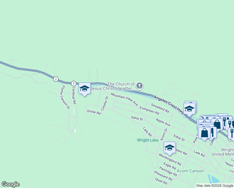 map of restaurants, bars, coffee shops, grocery stores, and more near 716 Mountain View Avenue in Wrightwood