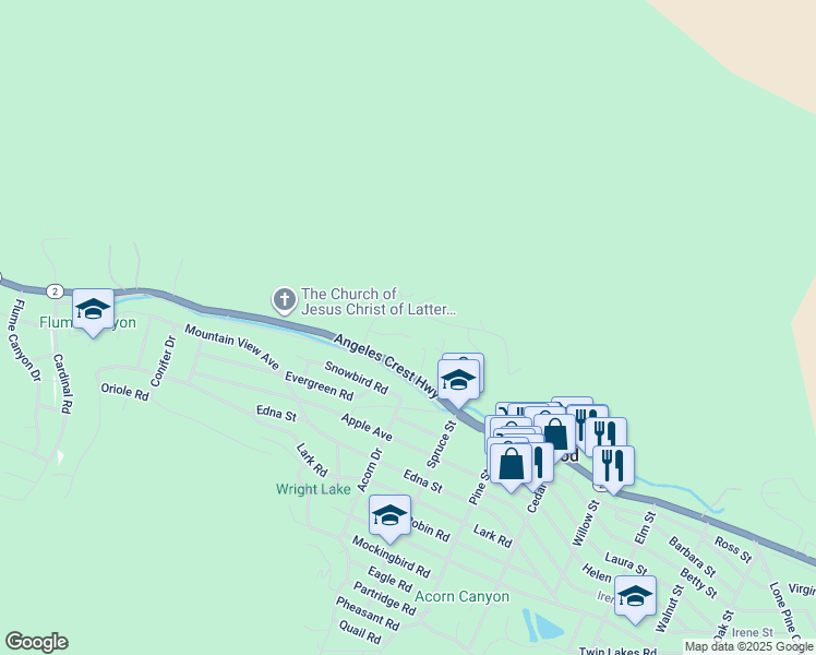 map of restaurants, bars, coffee shops, grocery stores, and more near 1074 Yellowstone Drive in Wrightwood