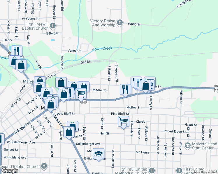 map of restaurants, bars, coffee shops, grocery stores, and more near 703 Section Line Street in Malvern