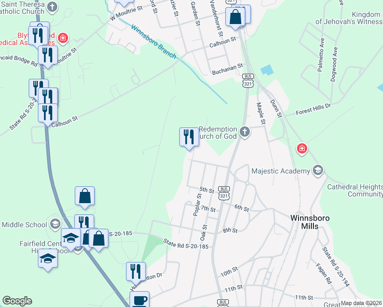 map of restaurants, bars, coffee shops, grocery stores, and more near 180 Pine Street in Winnsboro