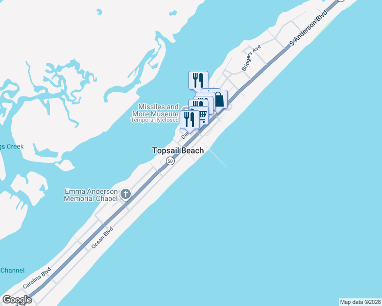 map of restaurants, bars, coffee shops, grocery stores, and more near 817 Ocean Boulevard in Holly Ridge