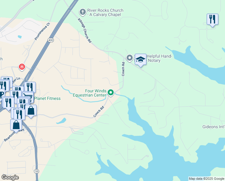 map of restaurants, bars, coffee shops, grocery stores, and more near 955 Couch Road in Dawsonville
