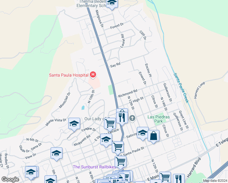 map of restaurants, bars, coffee shops, grocery stores, and more near 722 California 150 in Santa Paula