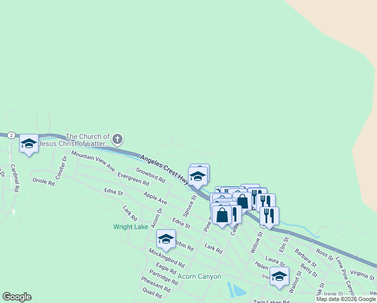 map of restaurants, bars, coffee shops, grocery stores, and more near 1145 Rivera Drive in Wrightwood