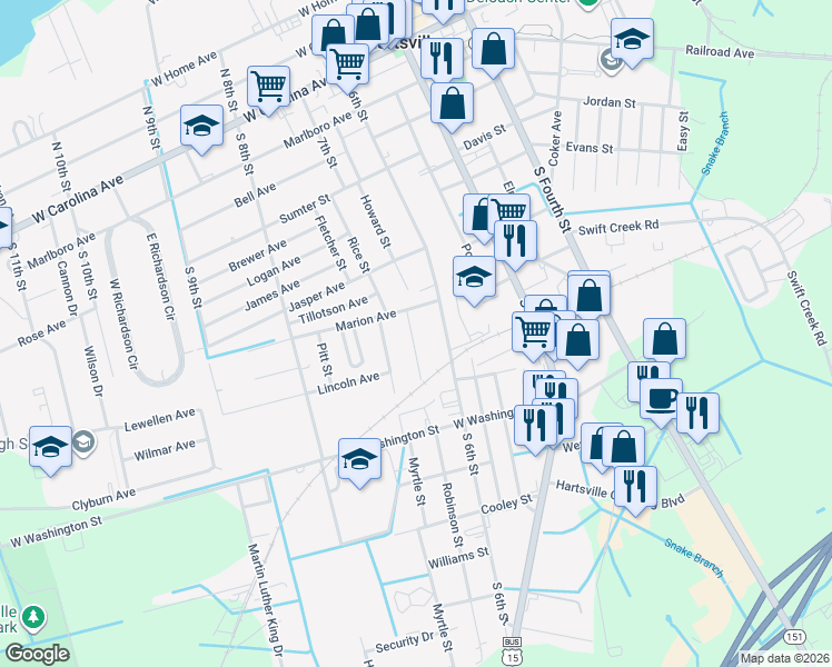 map of restaurants, bars, coffee shops, grocery stores, and more near 711 Hudson Street in Hartsville