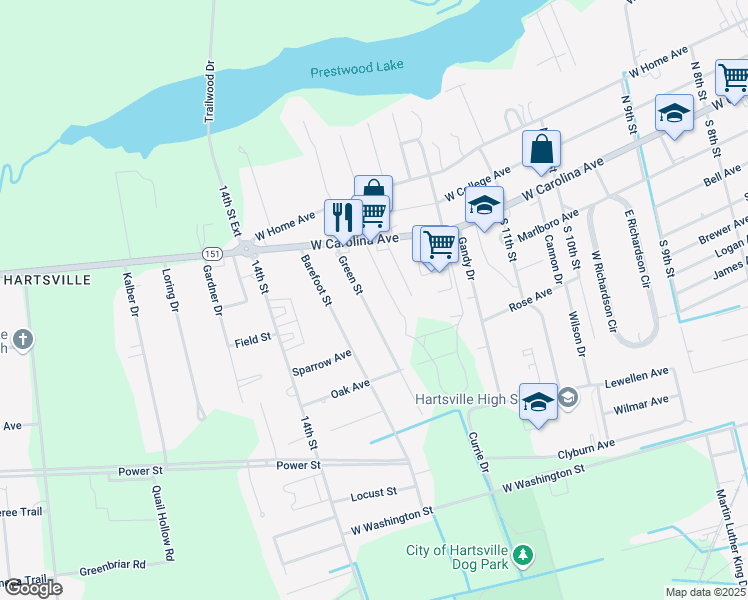 map of restaurants, bars, coffee shops, grocery stores, and more near 213 Green Street in Hartsville