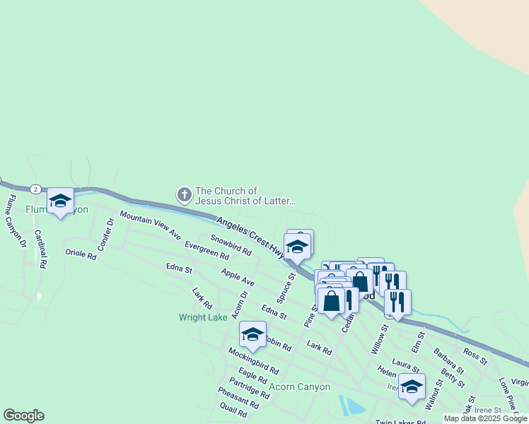 map of restaurants, bars, coffee shops, grocery stores, and more near 1074 Yellowstone Drive in Wrightwood