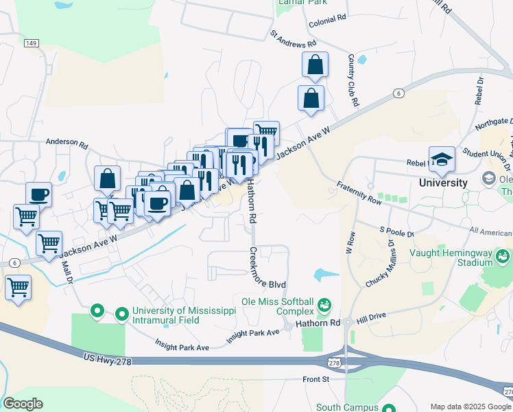 map of restaurants, bars, coffee shops, grocery stores, and more near 103 Hillard Drive in Oxford