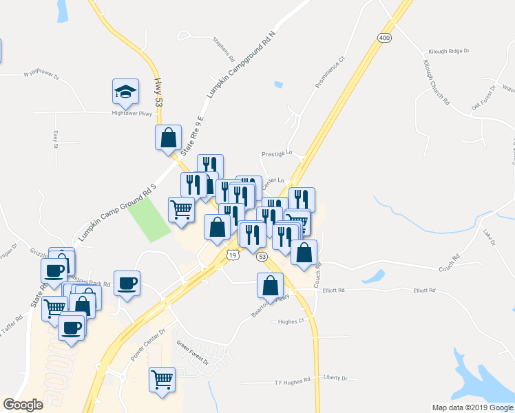 map of restaurants, bars, coffee shops, grocery stores, and more near 100 North 400 Center Lane in Dawsonville