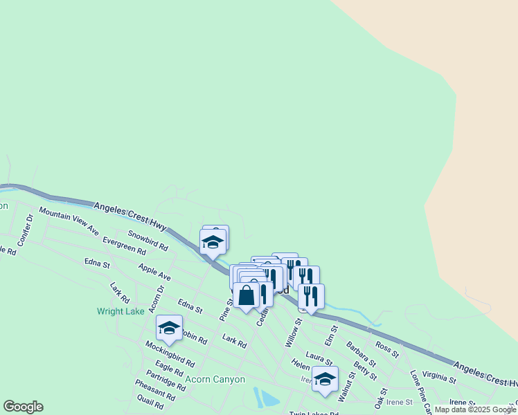 map of restaurants, bars, coffee shops, grocery stores, and more near 1248 Rivera Drive in Wrightwood