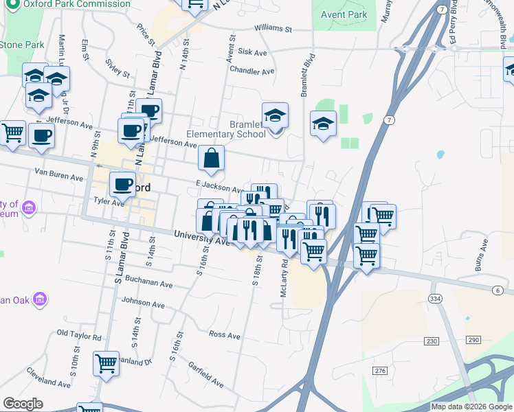 map of restaurants, bars, coffee shops, grocery stores, and more near 300 Kimmons Drive in Oxford