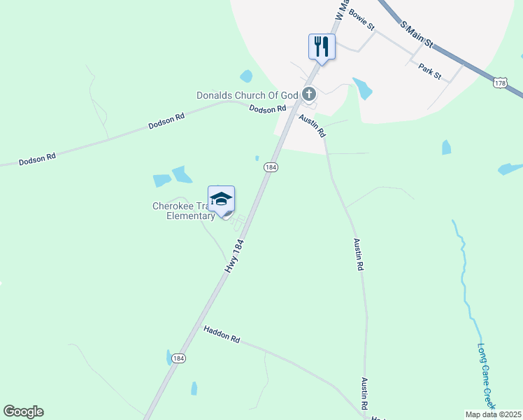 map of restaurants, bars, coffee shops, grocery stores, and more near 6272 South Carolina 184 in Donalds