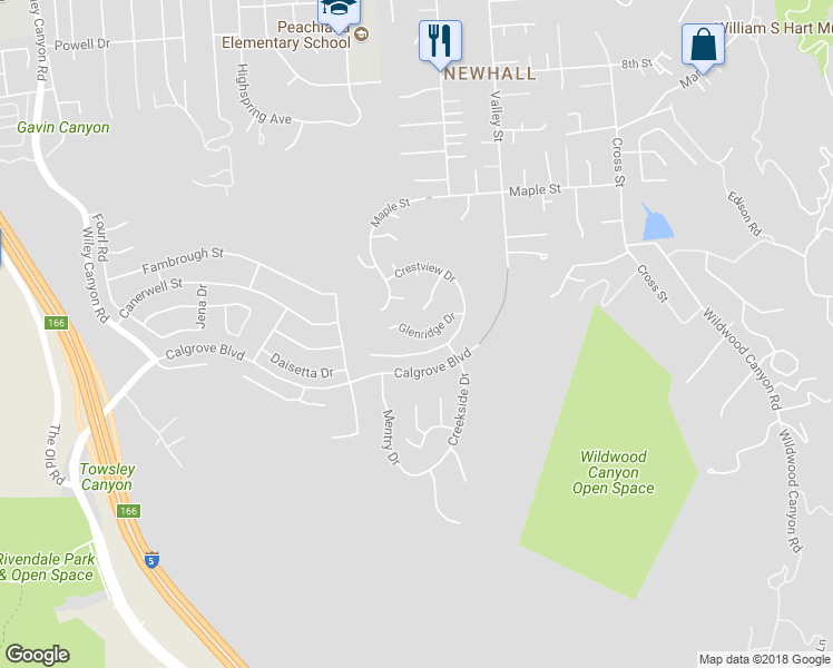 map of restaurants, bars, coffee shops, grocery stores, and more near 23450 Glenridge Drive in Santa Clarita