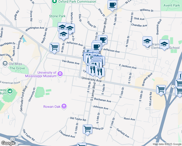 map of restaurants, bars, coffee shops, grocery stores, and more near 1100 Tyler Avenue in Oxford