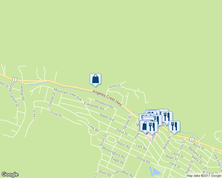 map of restaurants, bars, coffee shops, grocery stores, and more near 1025 Rivera Drive in Wrightwood