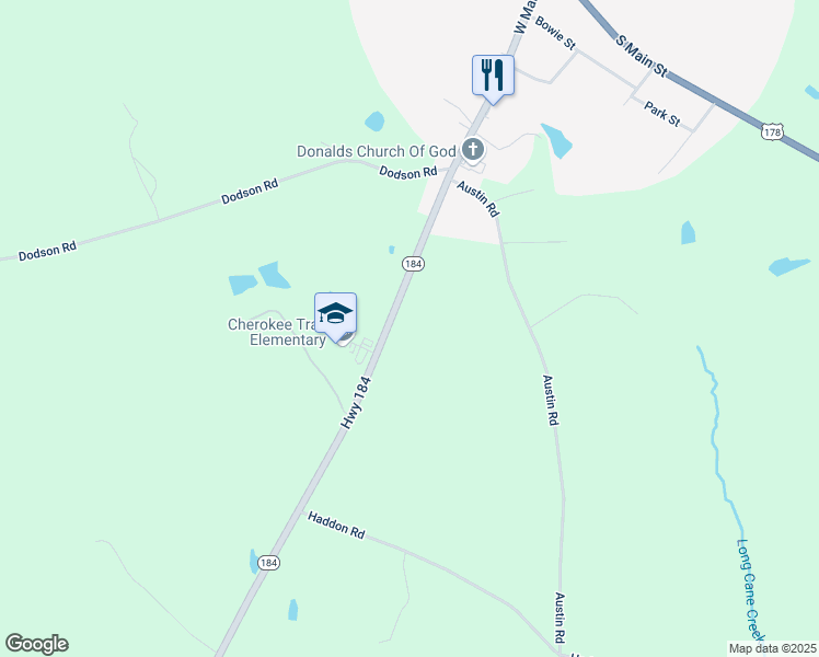 map of restaurants, bars, coffee shops, grocery stores, and more near 6272 South Carolina 184 in Donalds