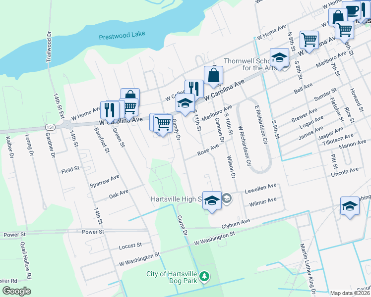 map of restaurants, bars, coffee shops, grocery stores, and more near 301 Gandy Drive in Hartsville