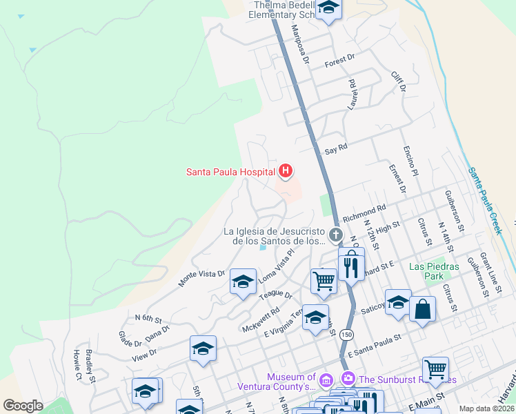 map of restaurants, bars, coffee shops, grocery stores, and more near 803 Vista Grande Drive in Santa Paula