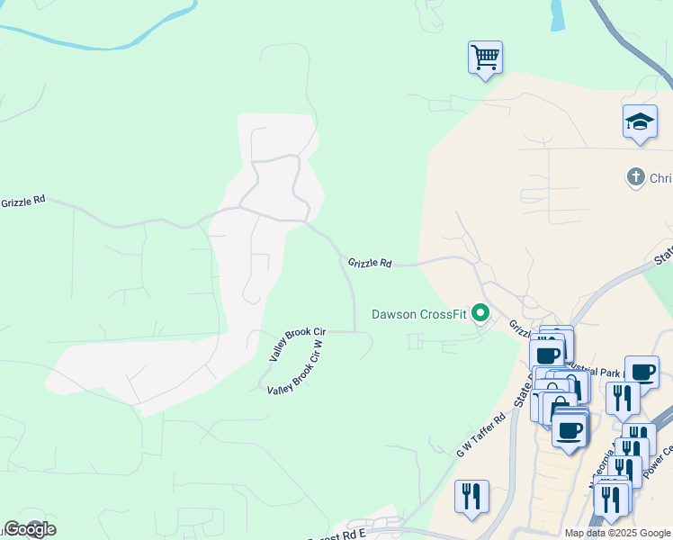 map of restaurants, bars, coffee shops, grocery stores, and more near 36 Valley Brook Drive in Dawsonville