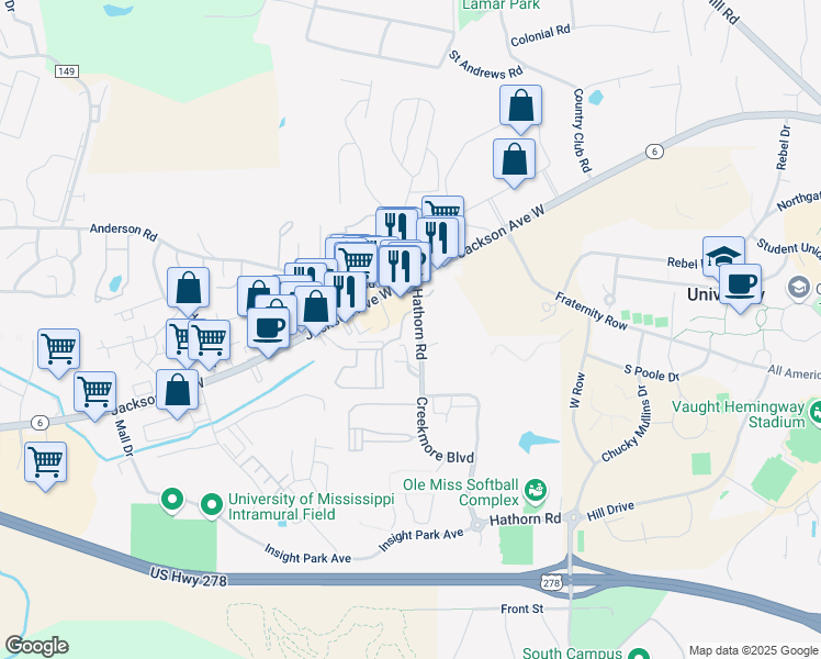 map of restaurants, bars, coffee shops, grocery stores, and more near 103 Hillard Drive in Oxford