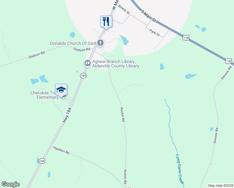 map of restaurants, bars, coffee shops, grocery stores, and more near 79 Rock Knoll Lane in Donalds