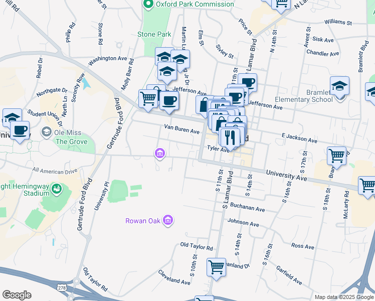 map of restaurants, bars, coffee shops, grocery stores, and more near 719 University Avenue in Oxford