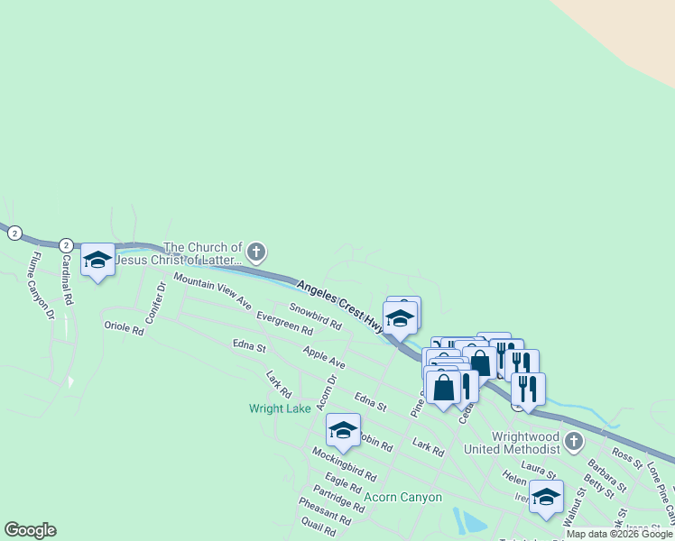 map of restaurants, bars, coffee shops, grocery stores, and more near 1025 Rivera Drive in Wrightwood