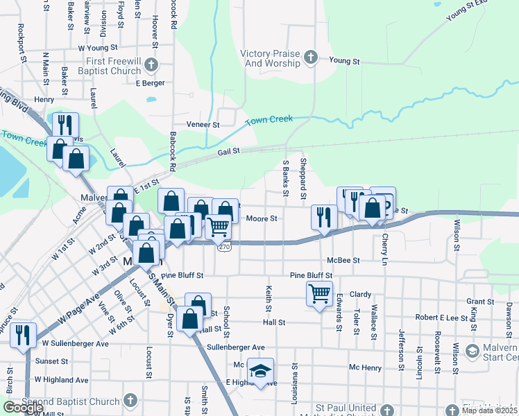 map of restaurants, bars, coffee shops, grocery stores, and more near 535 Section Line Street in Malvern