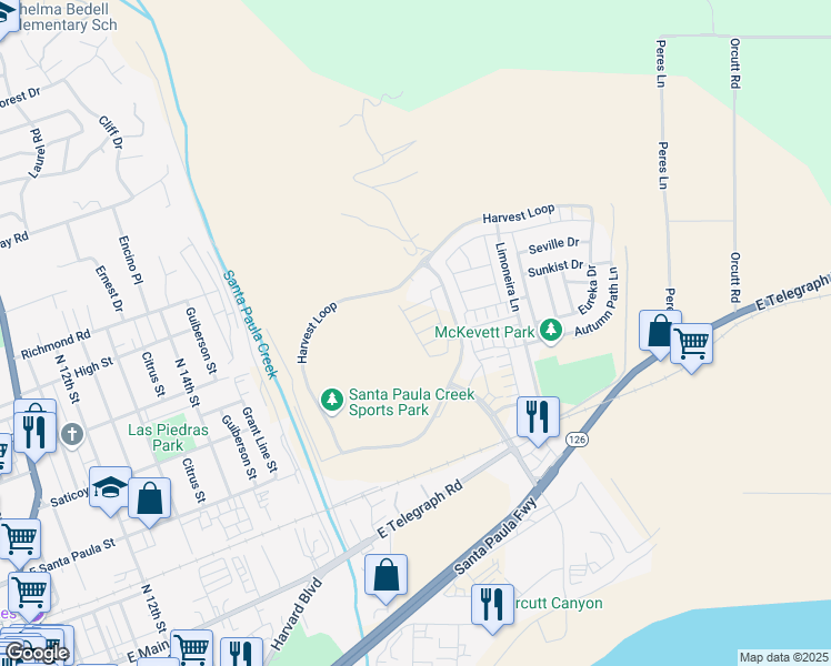 map of restaurants, bars, coffee shops, grocery stores, and more near Checkerbloom Lane in Santa Paula