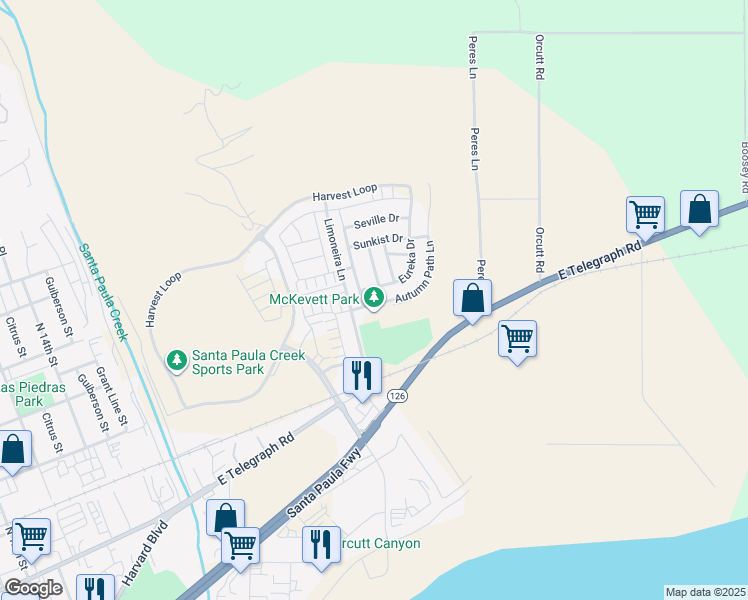 map of restaurants, bars, coffee shops, grocery stores, and more near 354 Autumn Path Lane in Santa Paula