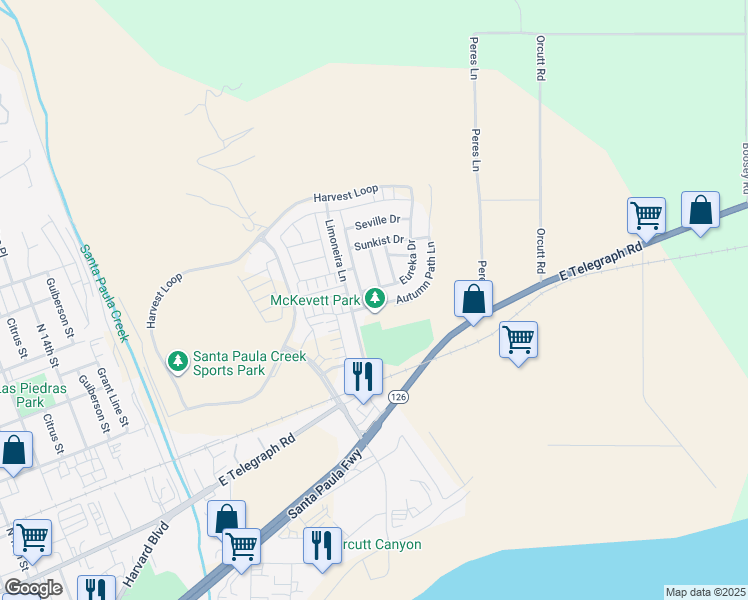 map of restaurants, bars, coffee shops, grocery stores, and more near 354 Autumn Path Lane in Santa Paula