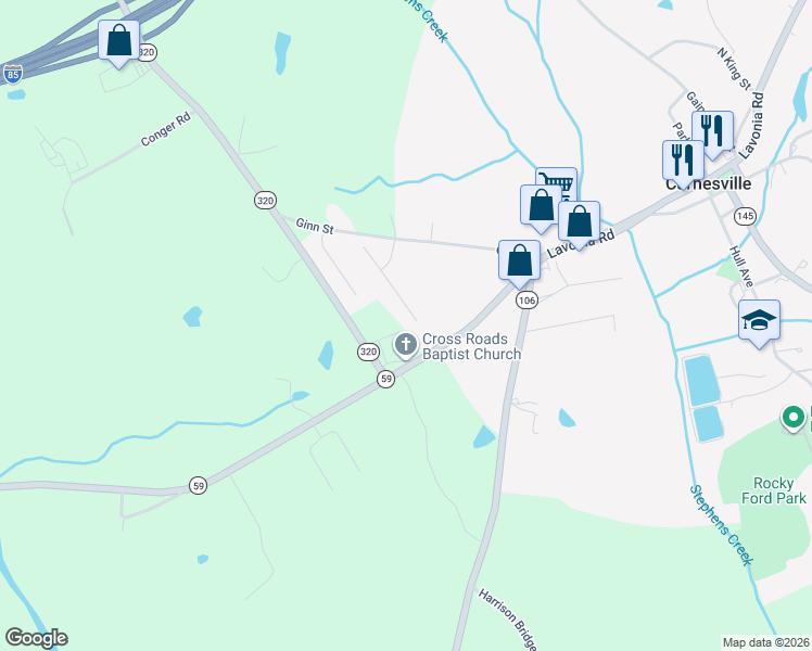 map of restaurants, bars, coffee shops, grocery stores, and more near 155 Crestview Drive in Carnesville