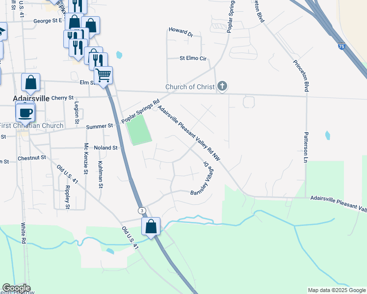 map of restaurants, bars, coffee shops, grocery stores, and more near 85 Barnsley Village Drive in Adairsville