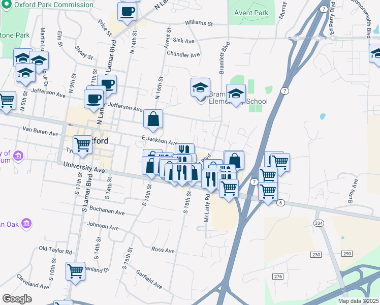 map of restaurants, bars, coffee shops, grocery stores, and more near 300 Kimmons Drive in Oxford