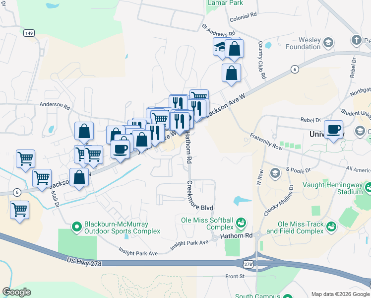 map of restaurants, bars, coffee shops, grocery stores, and more near 103 Hillard Drive in Oxford