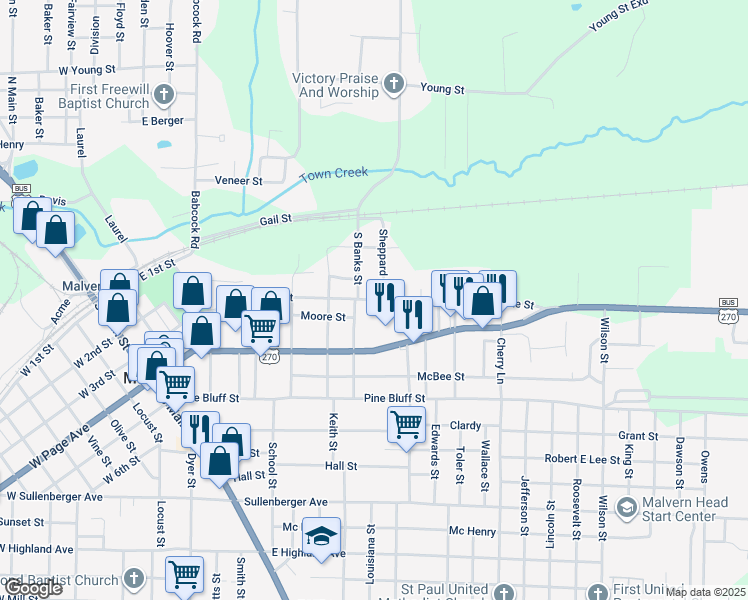 map of restaurants, bars, coffee shops, grocery stores, and more near 703 Section Line Street in Malvern
